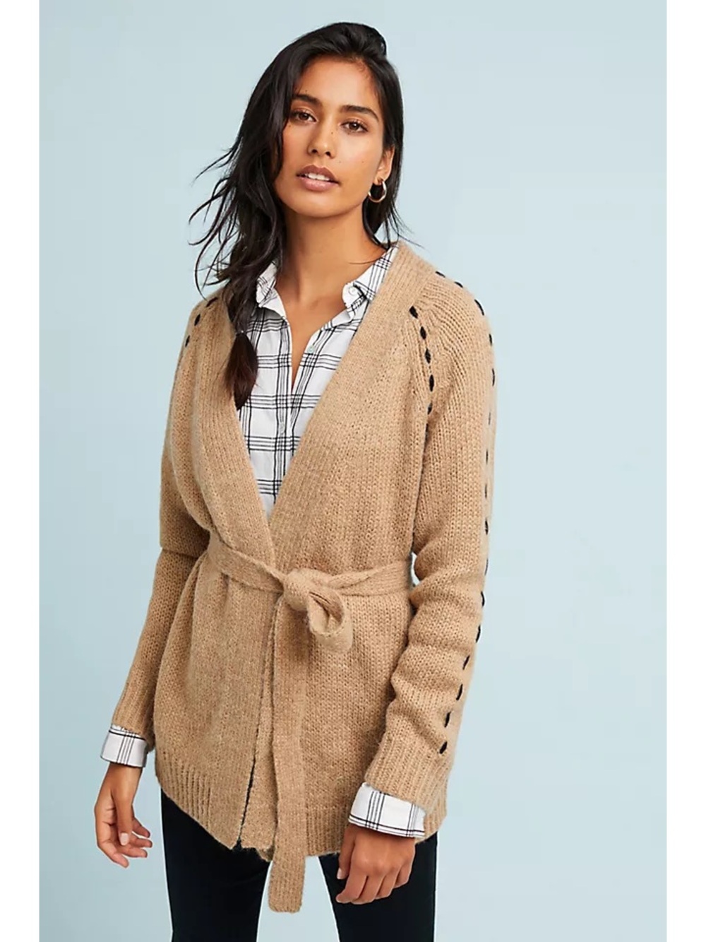 Anthropologie Moth Civita Belted Cardigan In Honey Tan With Black Stitching